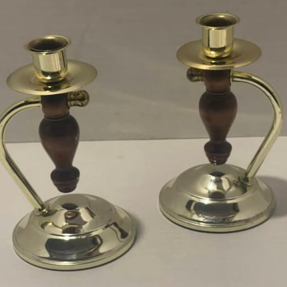 Home Interiors Candle Holder/Wall Sconce 7" Tall set of 2 Vintage Brass & Wood